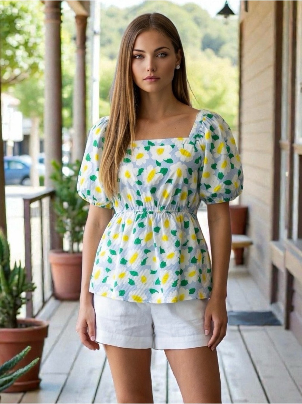 🌻NEW w/tag Michelle McDowell Gracie Daisy Print Puff Sleeve Blouse Floral Top M